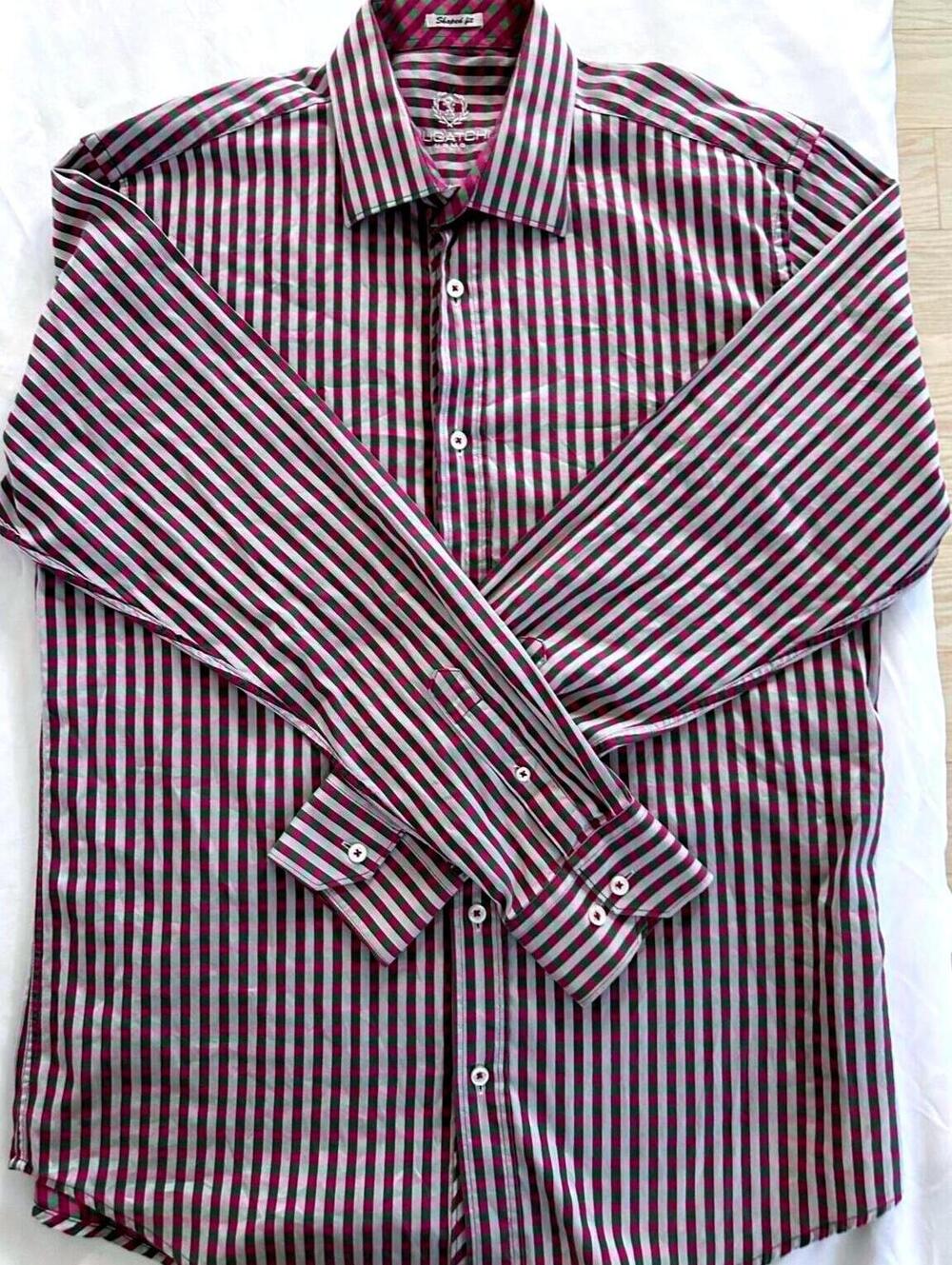 Bugatchi Uomo Men Shaped Fit Shirt Striped Green/Purple & Light Gray - L